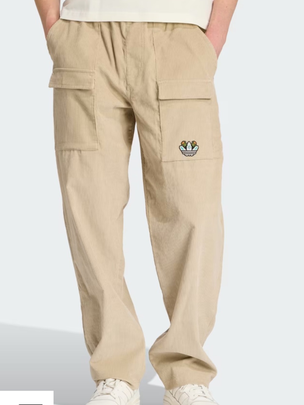 adidas Men's Cargo Corduroy Pants with Monogram Trefoil Patch Large Beige